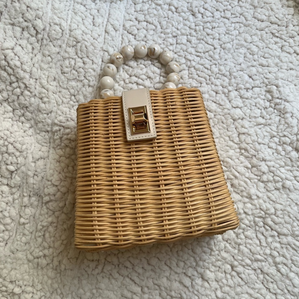 Antik Kraft Woven Rattan Mini Bag with Cream Trim and Gold Hardware